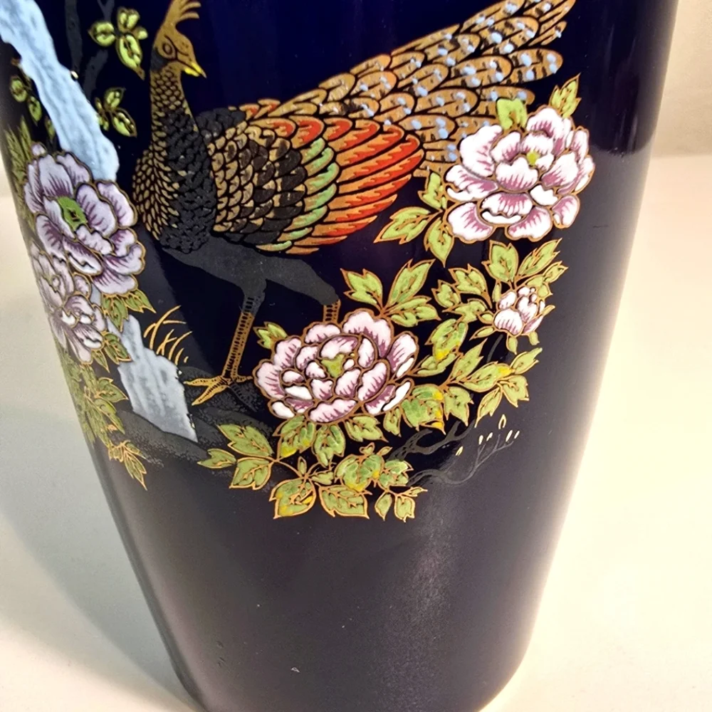Elegant Cobalt Blue Japanese Oriental Peacock Vase with Floral Design 8.75